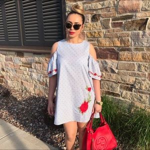 Blue & white pinstripe cold shoulder dress